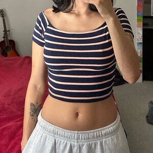 Charlotte Russe Navy and Pink Striped Crop Top